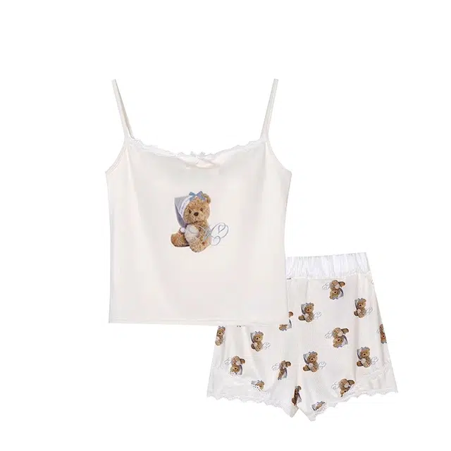 俏韵 带胸垫舒适透气吊带无袖上衣家居服三分裤睡衣套装 女款 白色