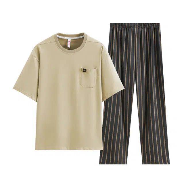 芬腾 纯棉短袖透气薄款圆领套头条纹可外穿家居服夏季睡衣套装 男款