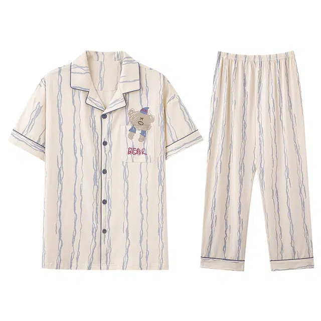 向薇 短袖长裤纯棉可外穿家居服睡衣套装 男款 图片色