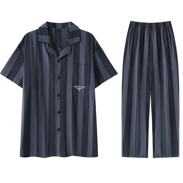 向薇 短袖长裤简约条纹青少年学生家居服睡衣套装 男款 图片色