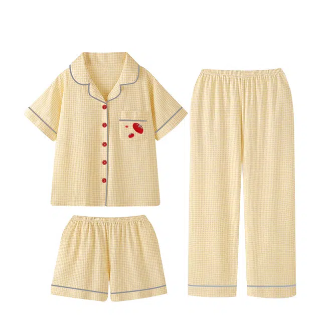 俏韵 格子翻领短袖上衣亲肤舒适短裤家居服长裤睡衣套装 女款 黄色