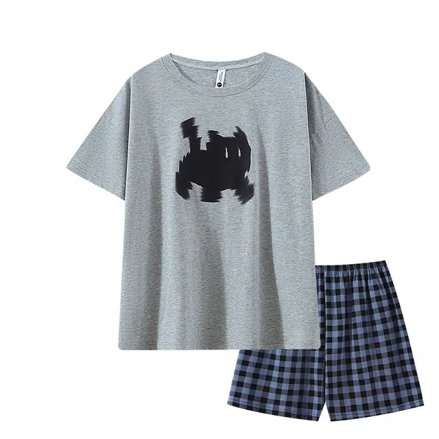 俞兆林 柔软纯棉简约小黑猫时尚卡通圆领短袖三分裤透气家居服睡衣套装 女款 灰色