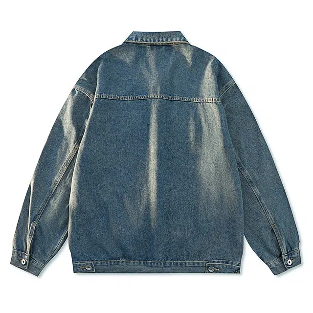雅鹿 美式简约基础款水洗做旧翻领潮流潮牌时尚口袋休闲宽松牛仔夹克外套 男女同款 复古蓝