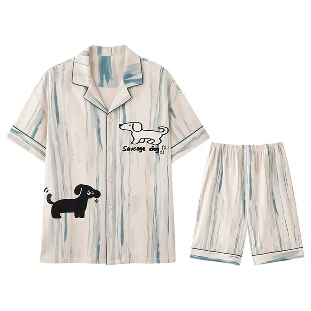 向薇 卡通舒适翻领短袖上衣可外穿家居服五分裤睡衣套装 男款 图片色