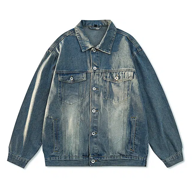 雅鹿 美式简约基础款水洗做旧翻领潮流潮牌时尚口袋休闲宽松牛仔夹克外套 男女同款 复古蓝