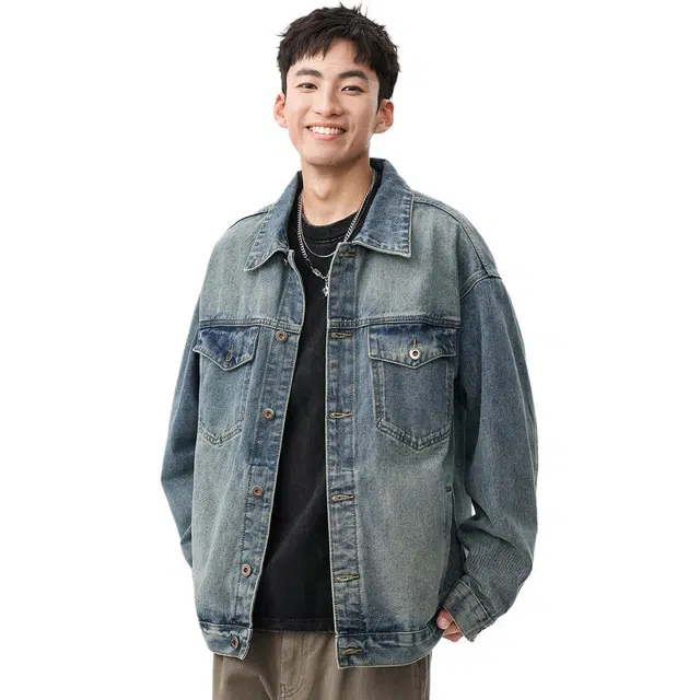 米素力 水洗做旧宽松翻领长袖牛仔外套 男款