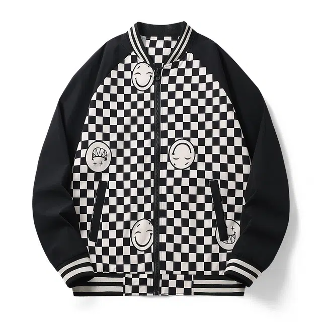 雅鹿 美式棋盘格拼接简约运动宽松休闲时尚通勤落肩长袖夹克外套 男女同款