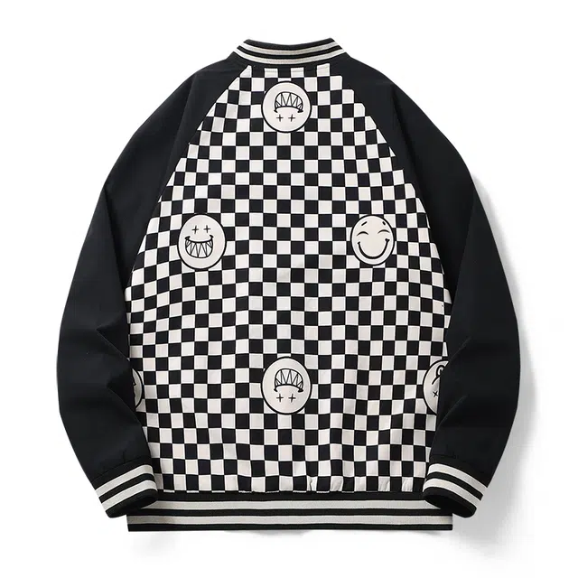 雅鹿 美式棋盘格拼接简约运动宽松休闲时尚通勤落肩长袖夹克外套 男女同款