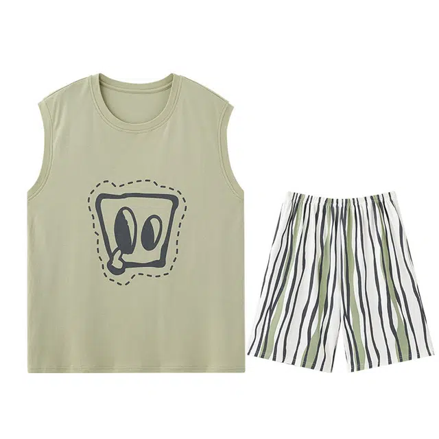 向薇 圆领舒适透气无袖上衣可外穿家居服五分裤睡衣套装 男款 图片色