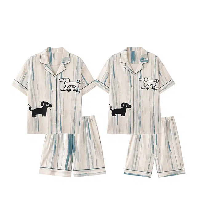 俏韵 翻领小狗休闲纯棉短袖薄款家居服可外穿睡衣套装 男女同款