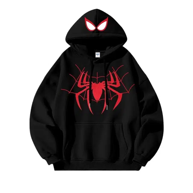 玉儿恋 美式卡通动漫蜘蛛侠连帽套头落肩宽松卫衣 男款