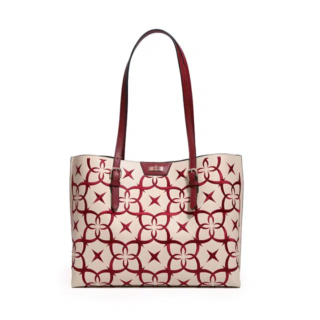 永幸 绮梦琉璃 柿蒂纹简约百搭气质刺绣款 牛皮 托特包单肩手提包 女款 安可拉红/明月灰