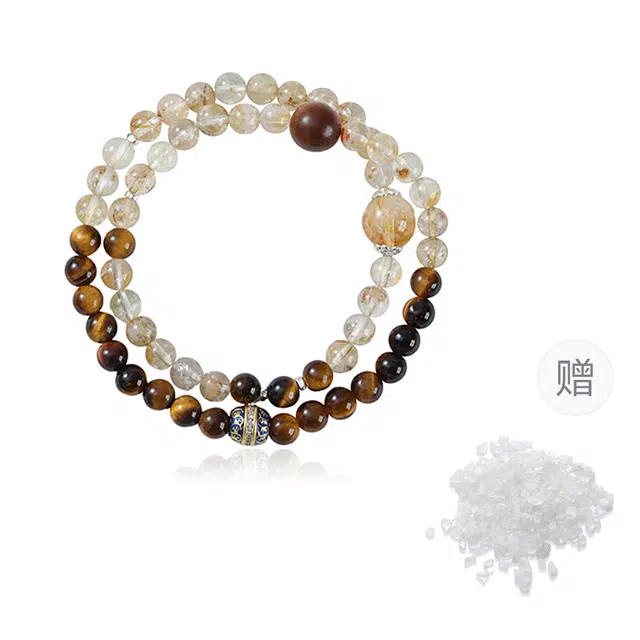 克兰茜 平安喜乐 金木晶魄转运珠 复古国潮招财纳福双圈叠戴 轻奢小众设计日常通勤百搭 精美礼盒装 可调节 好运 黄水晶 手串 女款