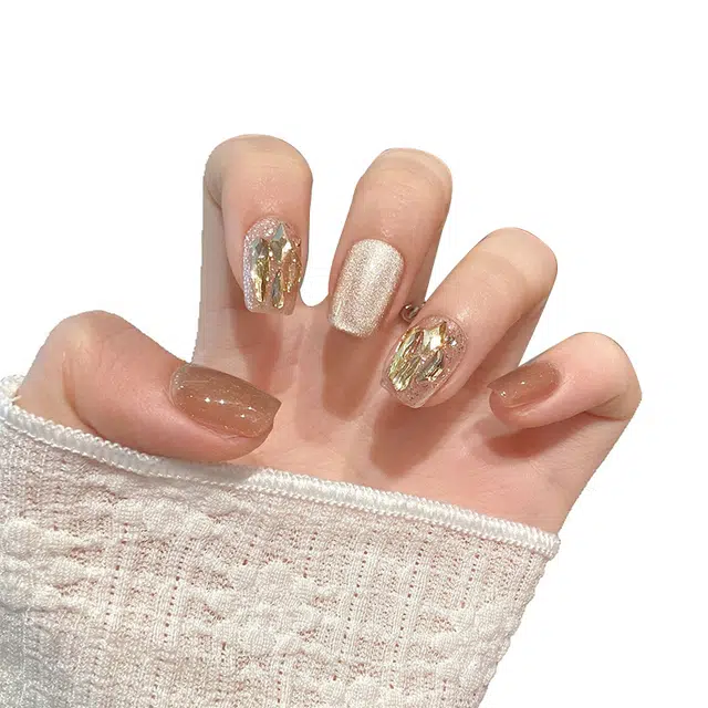 韵月乔 猫眼银河梦境  穿戴甲 短短梯香槟色纯色 爆闪