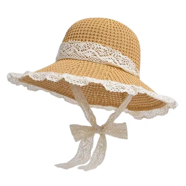 优莲茵 法式蕾丝大檐 沙滩海边太阳 透气蕾丝花边镂空户外休闲出游百搭遮阳 拉菲草 防晒帽 女款
