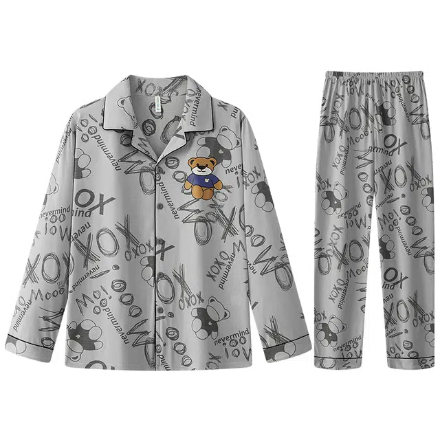 向薇 卡通风舒适翻领长袖上衣可外穿家居服长裤睡衣套装 男款 图片色
