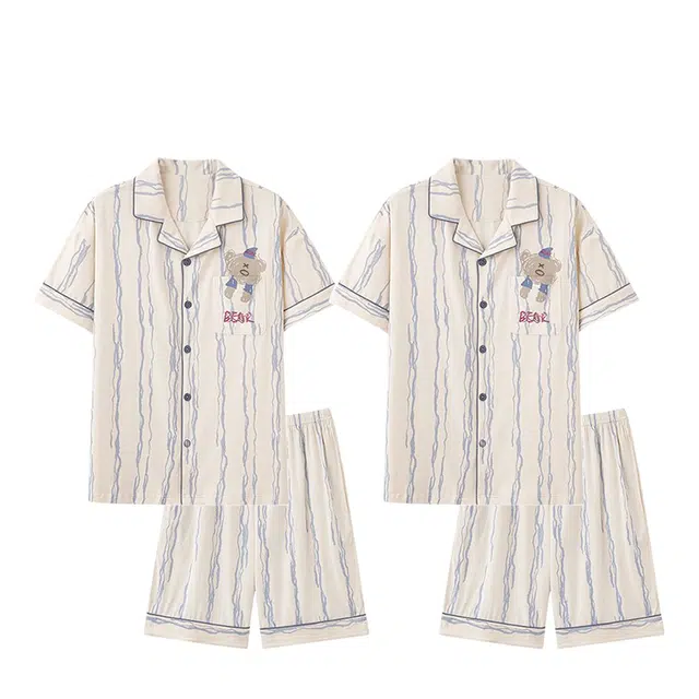 俏韵 翻领休闲纯棉卡通短袖薄款家居服可外穿睡衣套装 男女同款