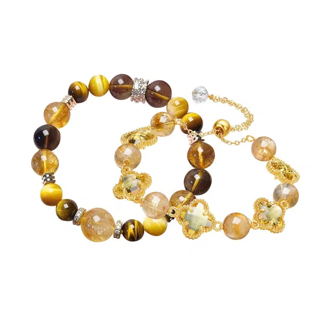 翠雅金楼 金霸大综合叠戴四叶草腕饰 黄阿塞幸运草时来运转诸事顺遂有钱花新中式国潮吸金招财#好运天然 黄水晶 手串 女款