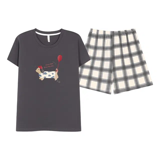 花蔓色 卡通短袖短裤带胸垫韩版家居服防凸点睡衣套装 女款 蓝色