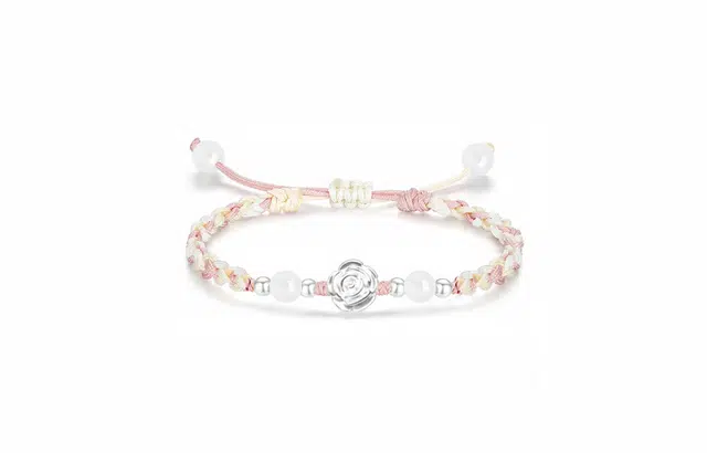 【纯银999】 牧言 玫瑰花 甜美森系气质简约小众设计高级感 立体磨砂花朵转运珠圆珠双色编织绳手饰 琉璃 手绳 女款