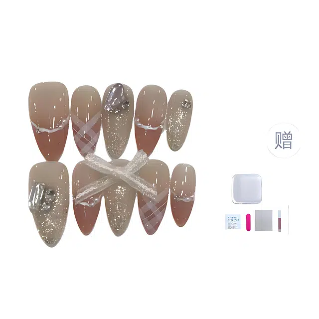 几多萌 温柔气质款纯手工穿戴甲贴片法式蝴蝶结爆闪钻假指甲贴片美甲  椭圆粉色裸色