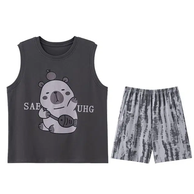 向薇 薄款圆领舒适透气休闲家居服睡衣套装 男款 图片色