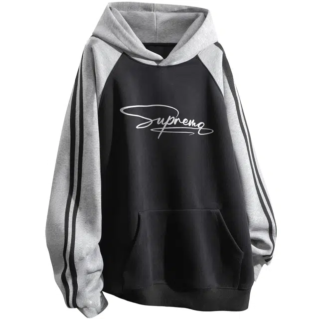 吾皇猫 潮牌学院风加绒加厚基础款简约百搭拼接拼色字母印花条纹织带连帽套头宽松插肩休闲运动嘻哈高街重磅长袖卫衣 男女同款