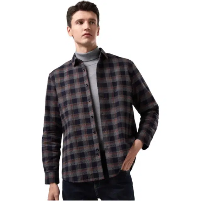 依文 格子商务休闲长袖衬衫 男款