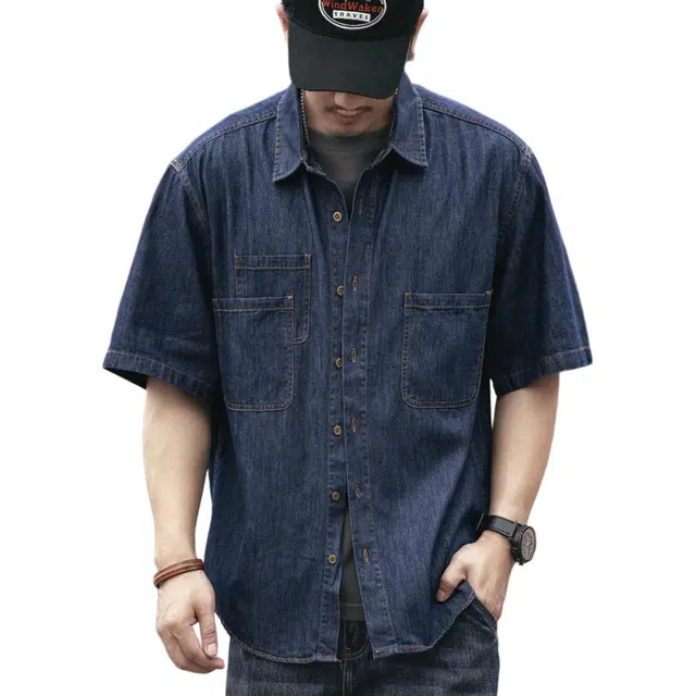 格蓝鹿 宽松纯色美式休闲尖领短袖衬衫 男款