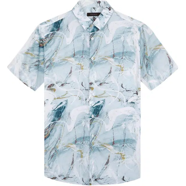 才子 顺滑时尚印花短袖衬衫 男款 蓝色