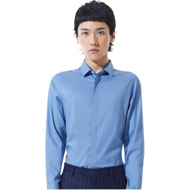 依文 修身商务法式长袖衬衫 男款 蓝色