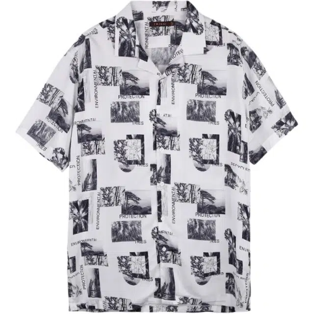 才子 复古满印风垂顺短袖衬衫 男款 灰色