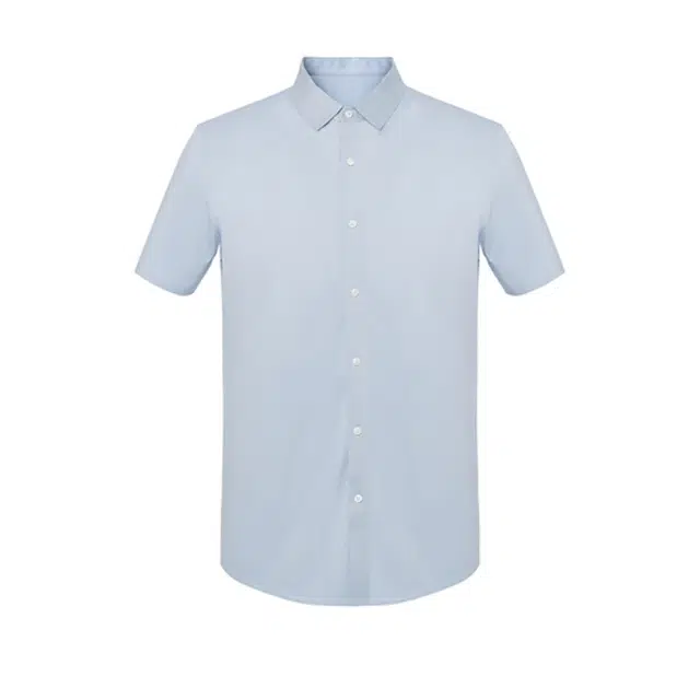 依文 纯色尖领纽扣短袖衬衫 男款 天蓝色