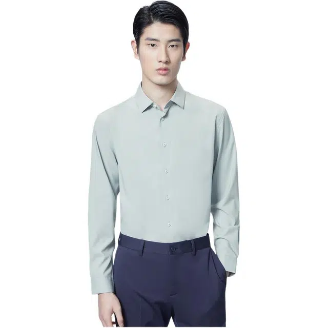 依文 纯色休闲商务职业修身长袖衬衫 男款 绿色