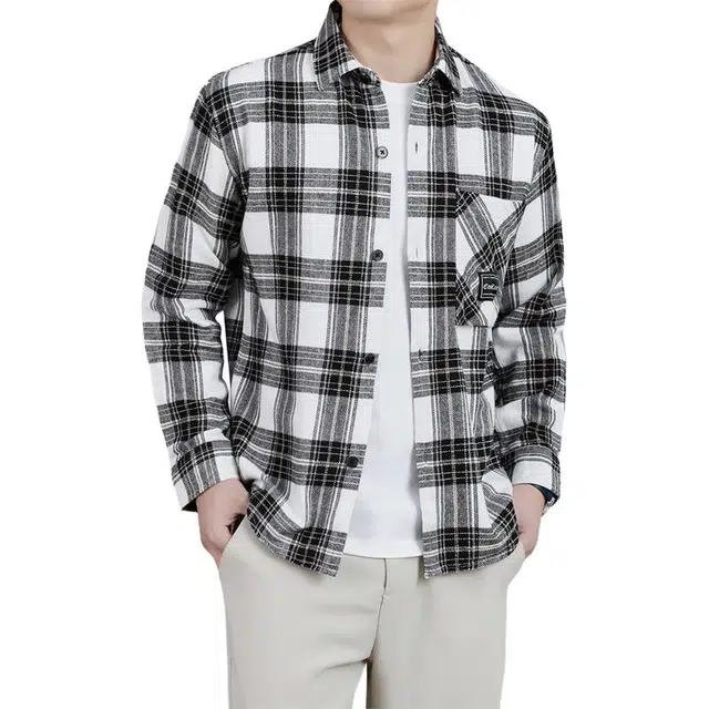 费尔岛上的猫 时尚商务休闲百搭格子长袖外套衬衫 男款