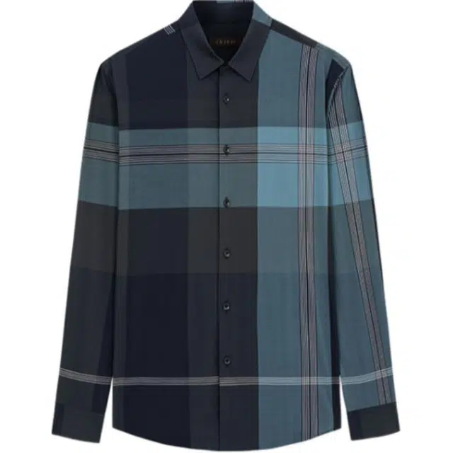 才子 纽扣翻领条纹长袖衬衫 男款 军绿色