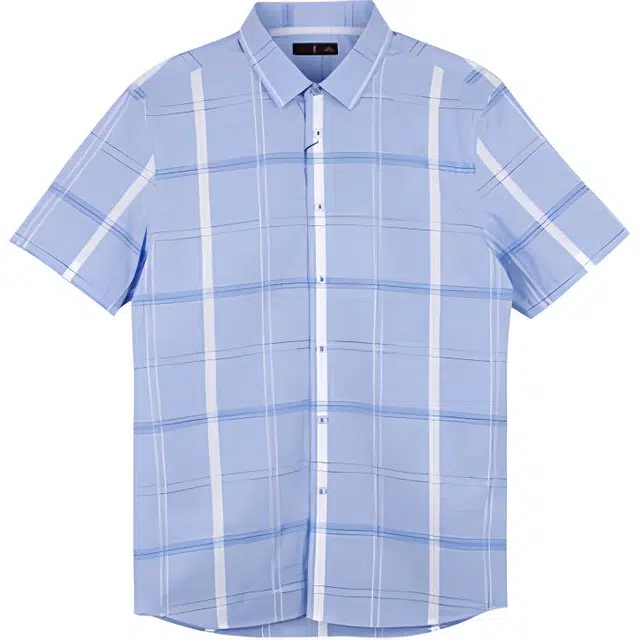 才子 纯棉撞色格纹修身微弹翻领短袖衬衫 男款 蓝色