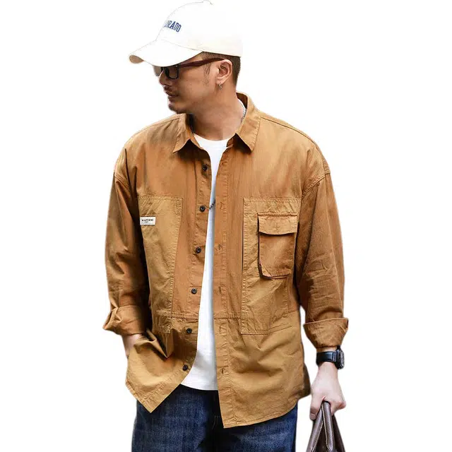 格蓝鹿 潮牌宽松休闲纯色长袖衬衫 男款