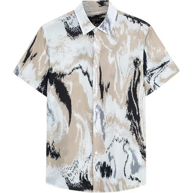 才子 微弹修身翻领印花短袖衬衫 男款 浅卡色