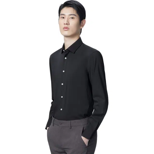 依文 高级商务尖领纯色休闲长袖衬衫 男款 黑色