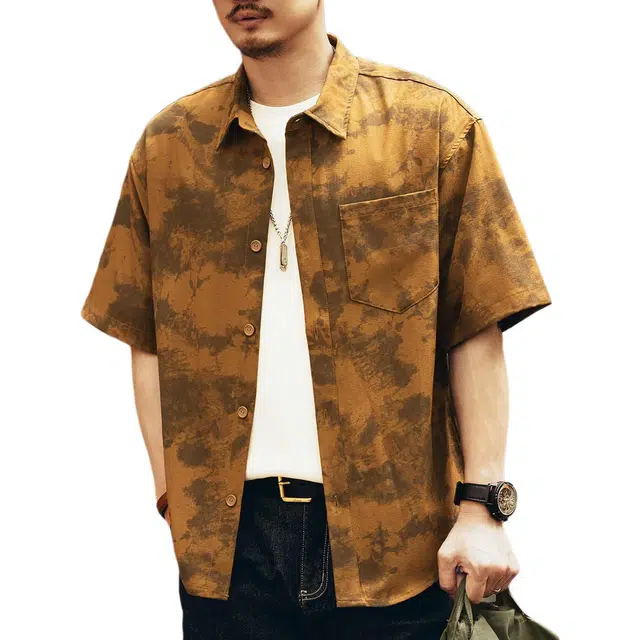 格蓝鹿 复古提花宽松短袖衬衫 男款 黄色