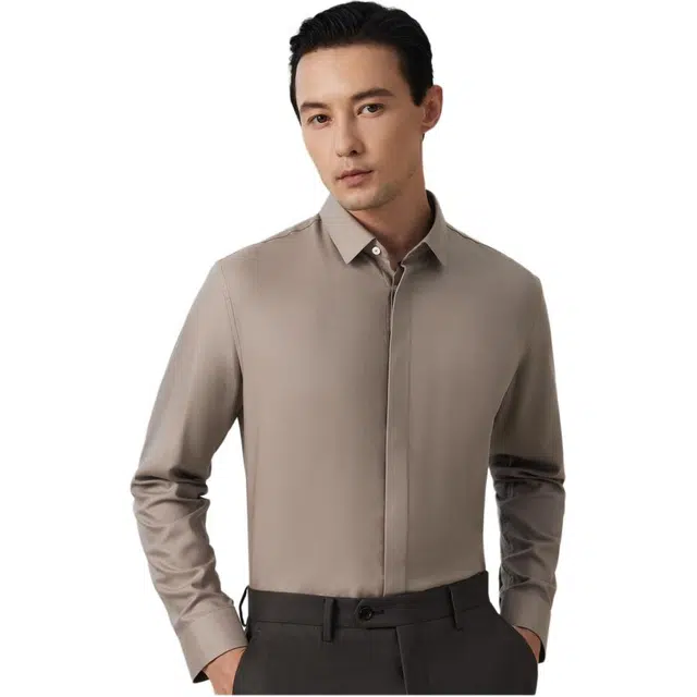 依文 尖领商务休闲长袖衬衫 男款 卡其