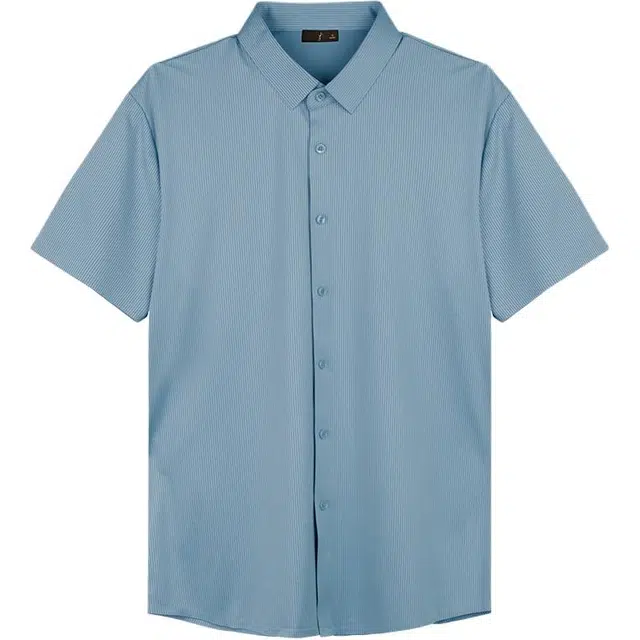才子 高弹系列 舒适易理弹力透气条纹针织短袖衬衫 男款 蓝色