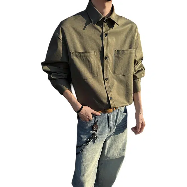 物质公式 美式复古高街重磅纯色学院风衬衣时尚长袖舒适透气大码百搭潮牌宽松休闲翻领纽扣衬衫 男女同款