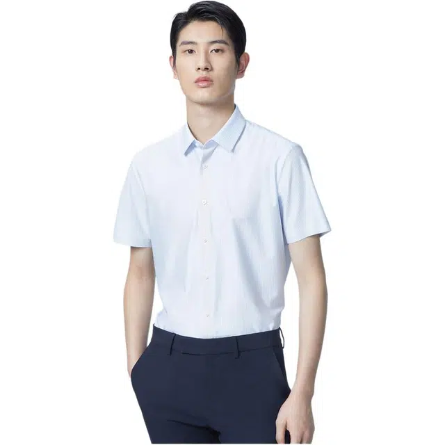 依文 商务时尚休闲细条纹职业短袖衬衫 男款 蓝色