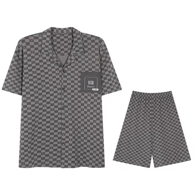 怀尔蔚 舒适翻领格子短袖上衣可外穿家居服五分裤睡衣套装 男款 图片色