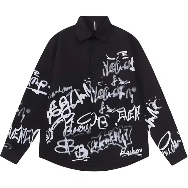 极限涡轮 美式复古潮牌涂鸦字母高街宽松百搭长袖衬衫 男女同款