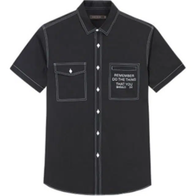 才子 纽扣翻领修身短袖衬衫 男款 黑色