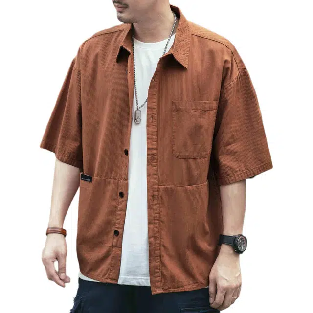 格蓝鹿 宽松休闲水洗纯色美式落肩短袖衬衫 男款