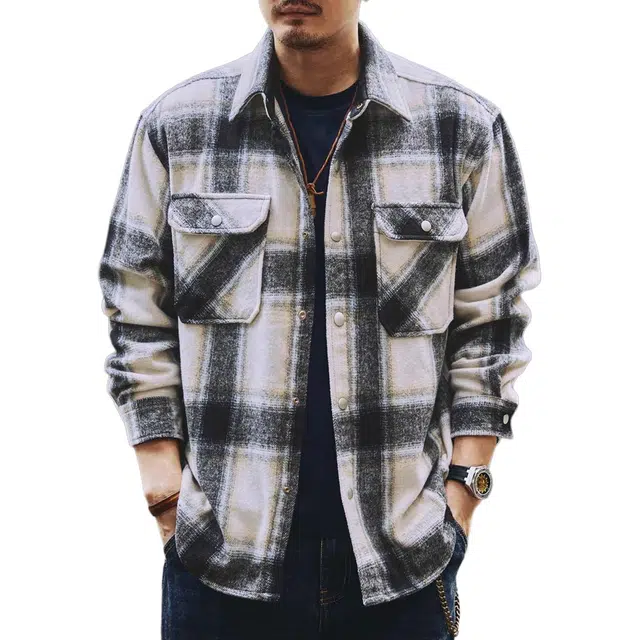 格蓝鹿 美式重磅复古毛呢格子宽松长袖衬衫 男款